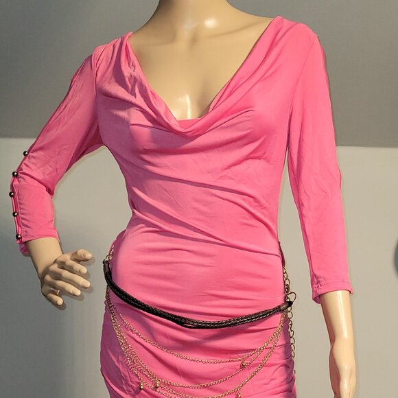 Sexy Women Pink Mini Stretch Dress with Gold Chain Accent Small SL2907 - Picture 1 of 8